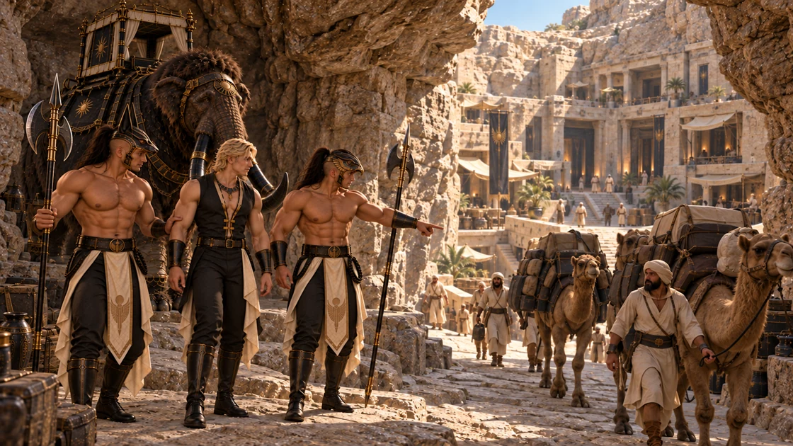Through an opening between the rocks, the first inhabited court comes into view. They step into a wider part of the path to let a caravan climb past. Varesh points out the descent while Rhaevan and Nakhren watch the traffic below.