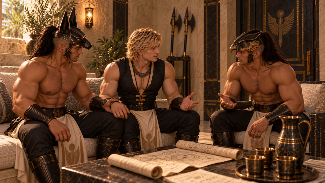 With the ritual scrolls partly unrolled before them, Rhaevan shares what he was told: thirteen keys, scattered across planes and realities, could allow Nakhren and Varesh to remain in these bodies for many cycles. Nakhren gently holds his wrist while Varesh asks a question. Rhaevan speaks of Sten, his grandnephew and the designated heir, whom he believes may be able to help. None of them yet knows the Pack.
