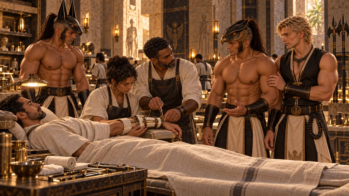 Two specialists fit a support around a person’s forearm. Varesh asks how much a repair can sustain. Rhaevan briefly rests his hand on Varesh’s arm; both understand why the question matters.