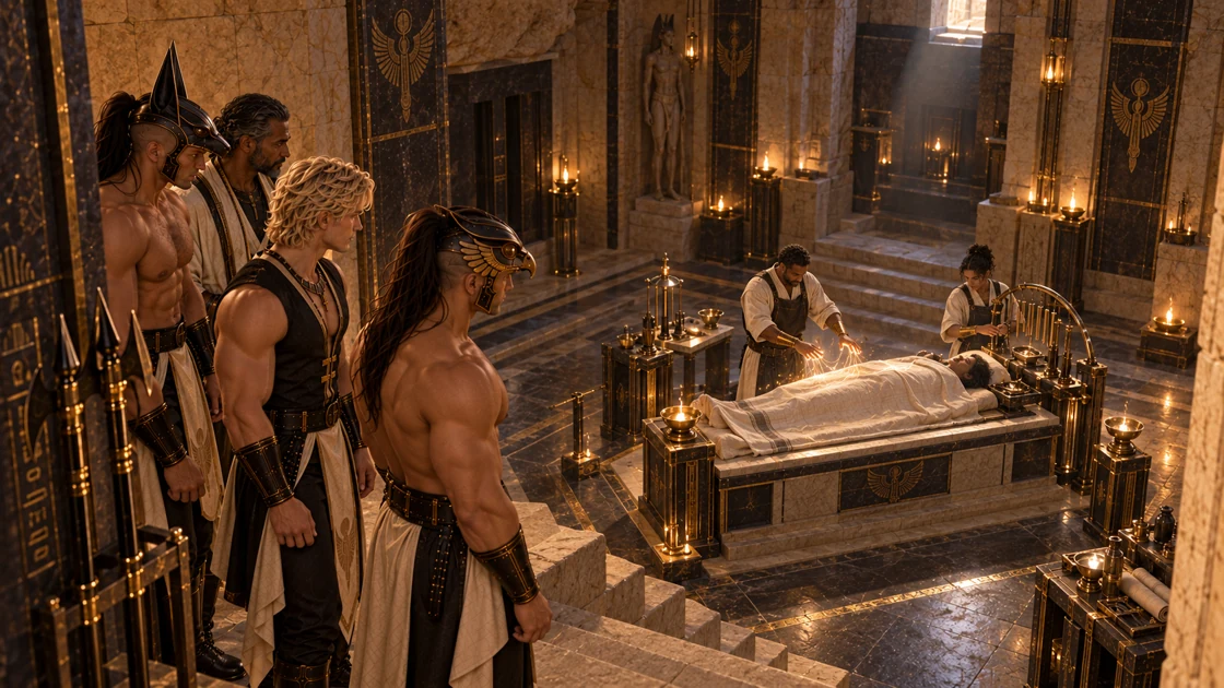 From a raised threshold, they watch two necromancers concentrate beside a covered figure. Instruments hold the chamber’s quiet attention. The travellers remain to one side, witnessing an attempt whose outcome is still unknown.