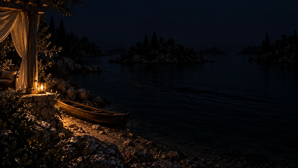 Beyond an empty pergola and a single lantern, a dark disturbance crosses the inlet.