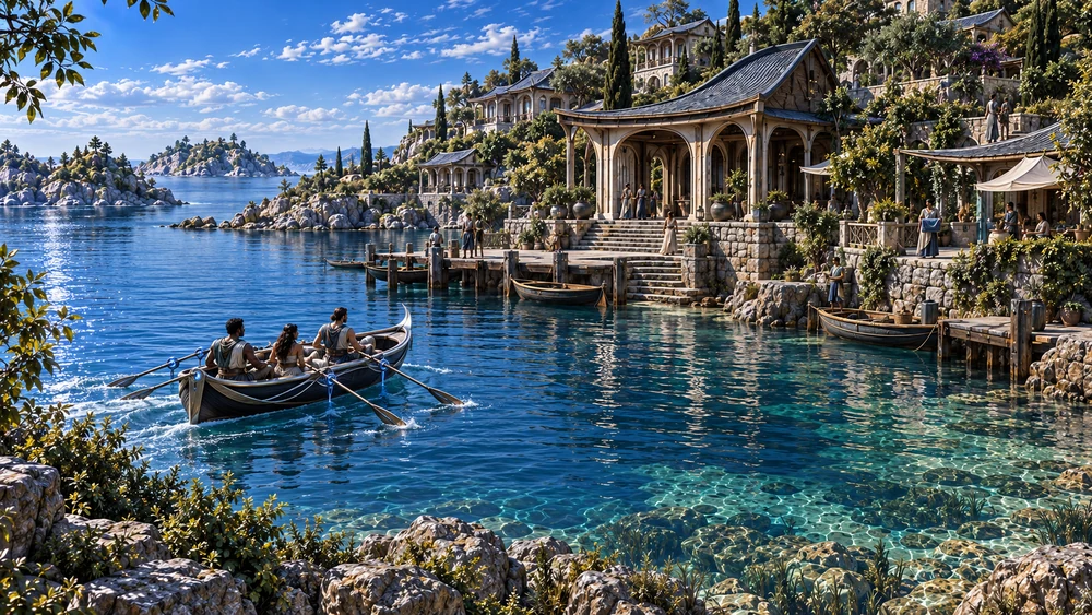 Canoes approach a waterfront pavilion beneath the inhabited terraces of Selyr.