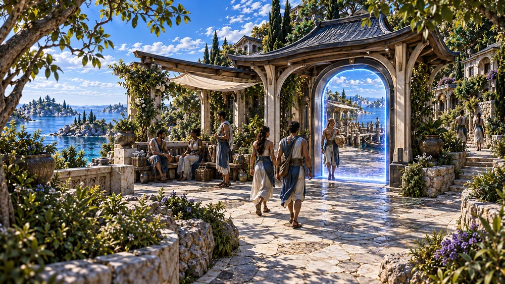 A local portal joins island journeys with the shaded paths and waiting places of Selyr.