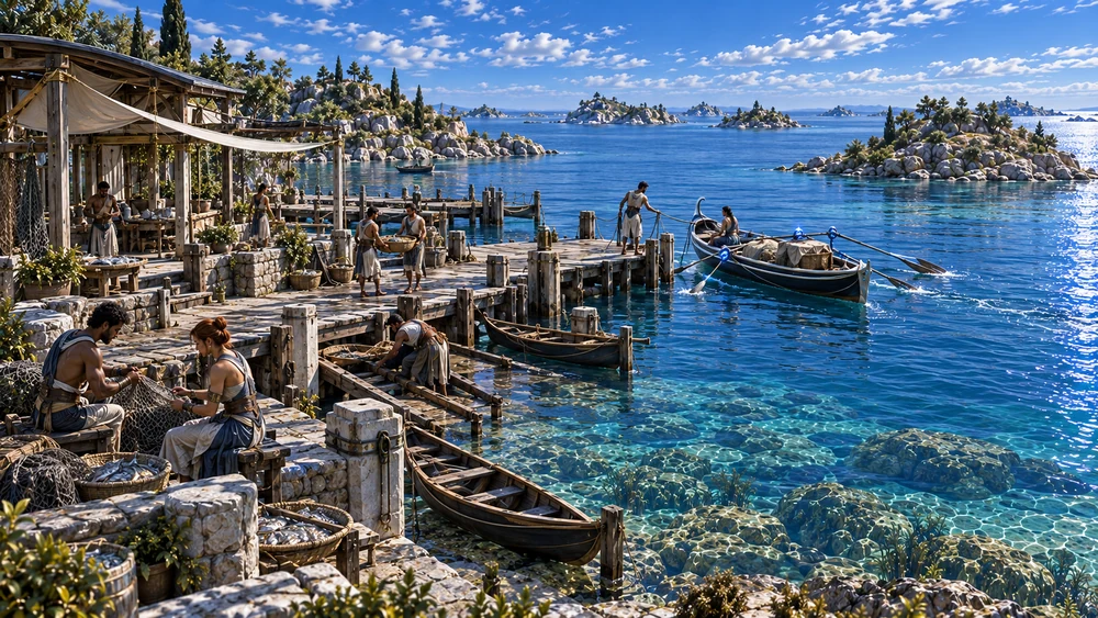 Fishing boats, nets and working terraces meet at a landing near the shoalward reaches.