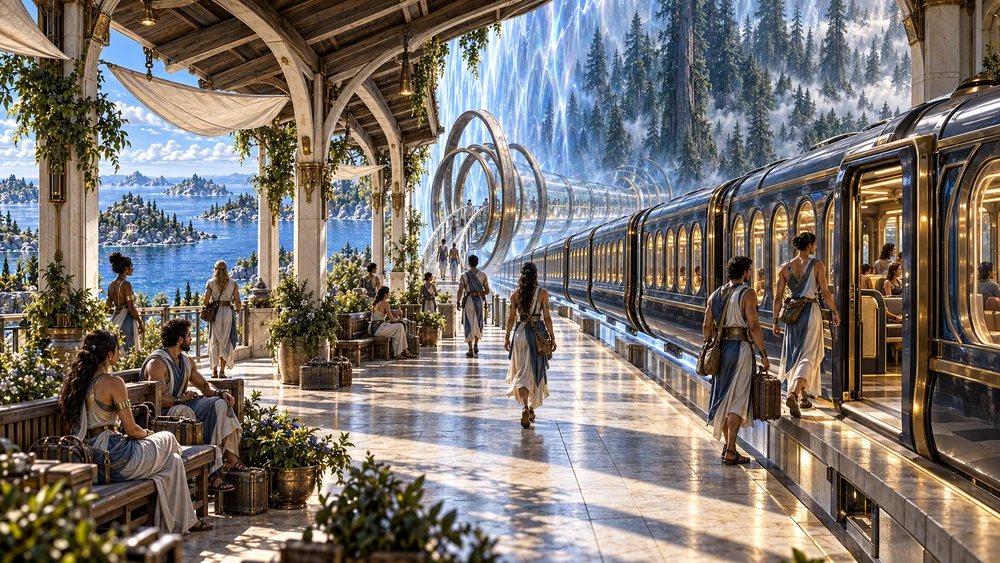 Travelers wait and board beside the stabilized passage, with the forest beyond the suture.