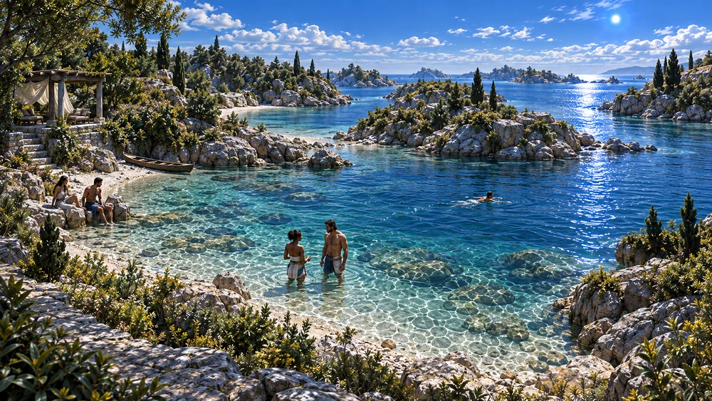 Pale stone and small beaches frame clear water between the inner islands.