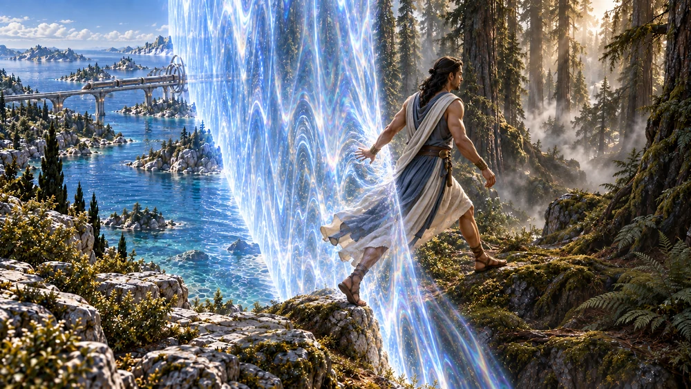 An unassisted traveler steps through the membrane from coastal stone onto the forest side.