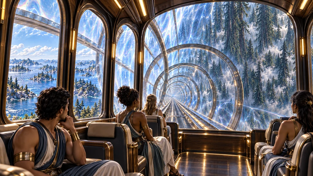 From the warm train interior, tunnel ribs recede through the membrane toward giant trees.