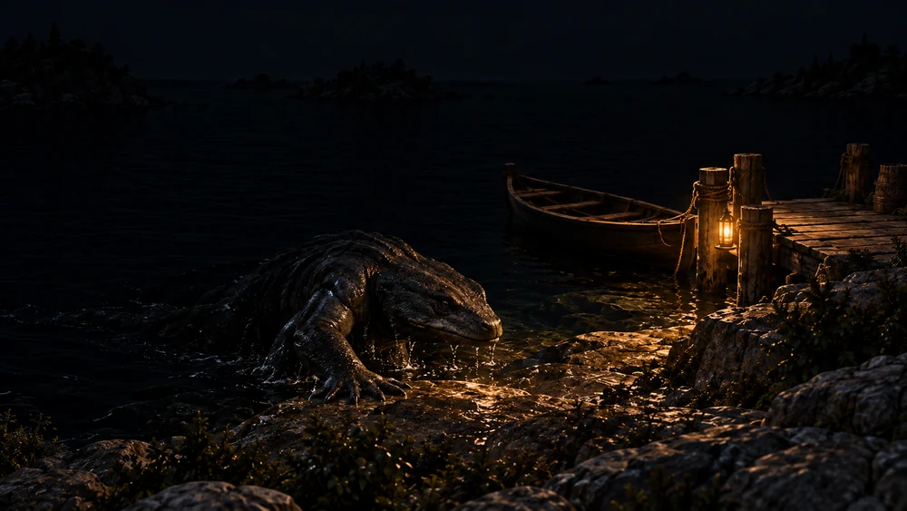 An amphibious creature pulls itself onto wet rock at the edge of the landing’s lamplight.