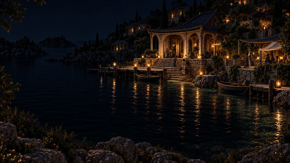 The cove darkens as life gathers around the pavilion and its small pools of lamplight.