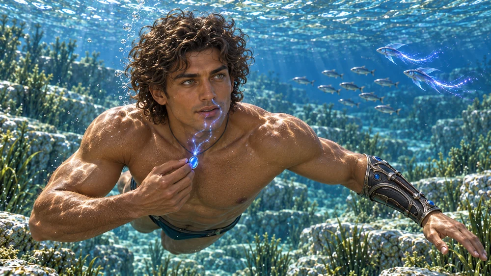 Fine blue filaments rise from Nayren’s Breathstone toward his lips and nose while he swims beneath the shoals.
