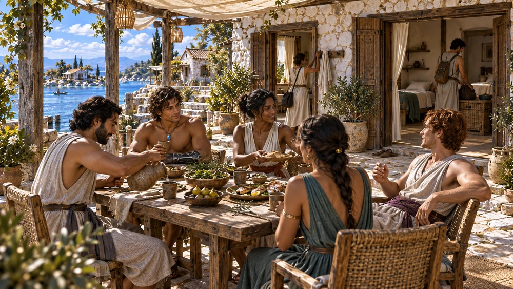 Guests share bread, drink and conversation with Nayren while travelers settle into rooms behind the porch.