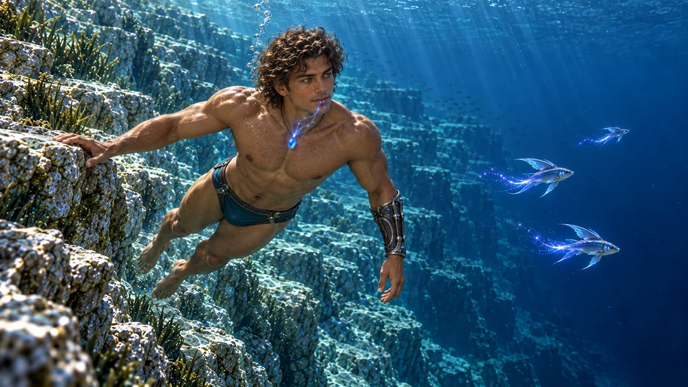 With his Breathstone active, Nayren rests a hand on a submerged ledge and watches luminous fish enter deeper water.