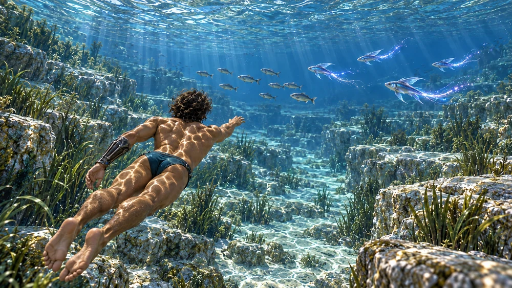 Nayren swims between mineral banks toward ordinary silver fish and others trailing delicate magical light.