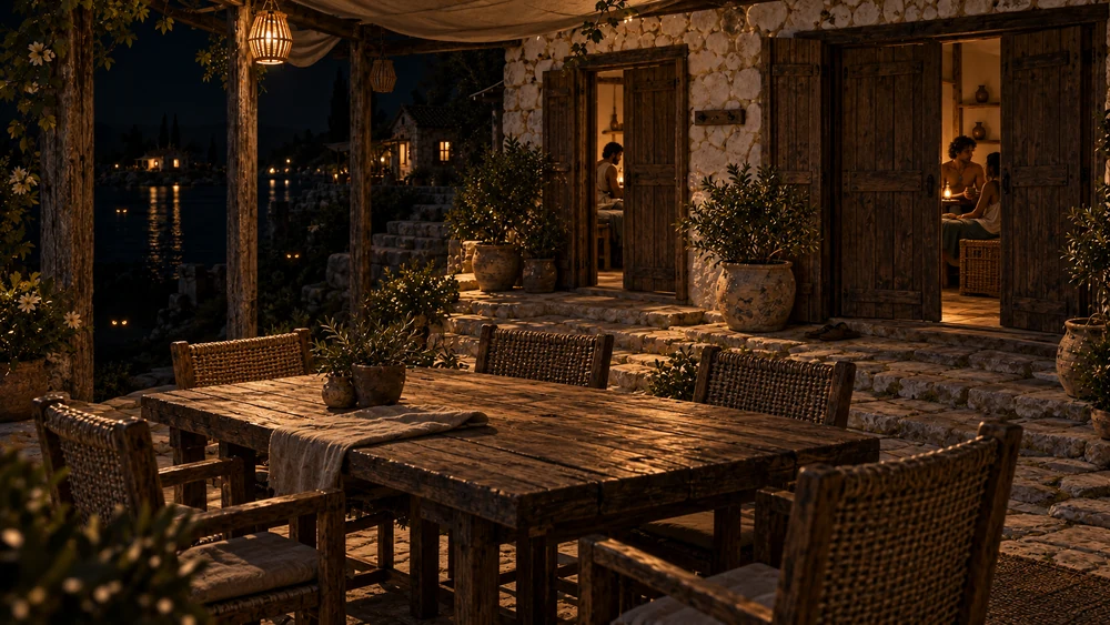 The porch stands empty as guests shelter inside. Unfamiliar eyes glimmer over the dark water beyond the lamplight.