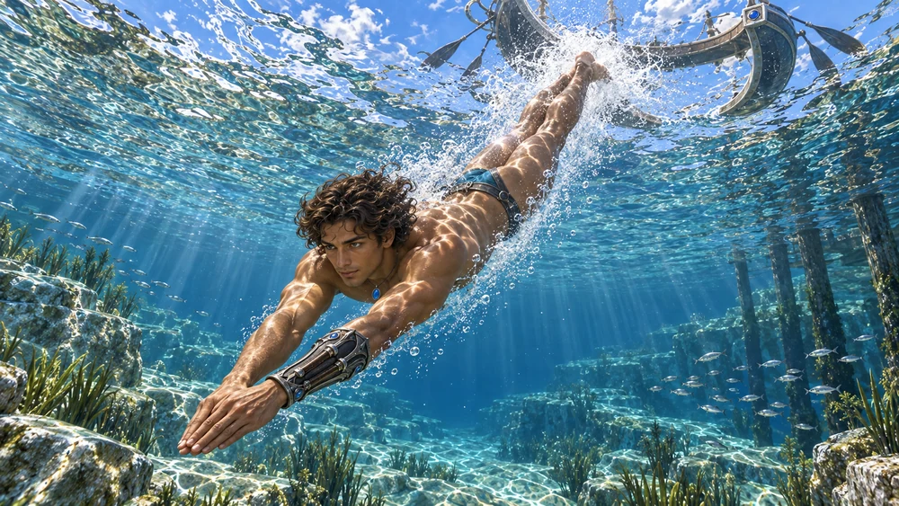 Seen from beneath the surface, Nayren dives into crystal-clear water below his Shaal.