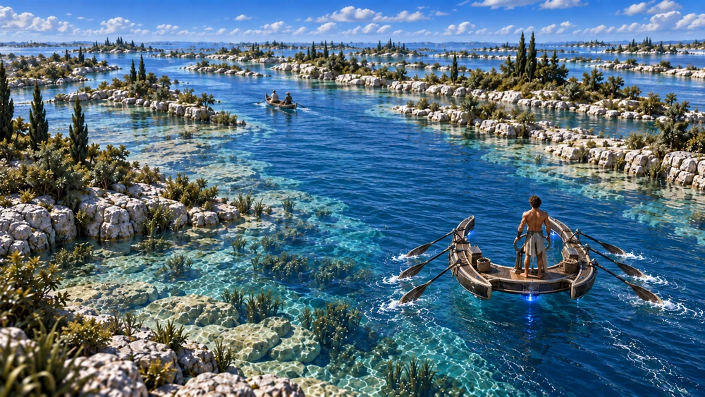 Nayren steers between elongated low islands as Kelyth’s channels lead toward the Strait Sea.