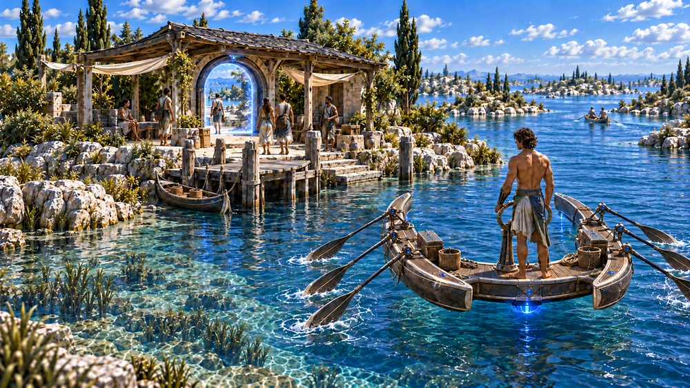 The Shaal approaches a landing beside Kelyth’s local pedestrian portal to the Strait Sea, within Lazrien.