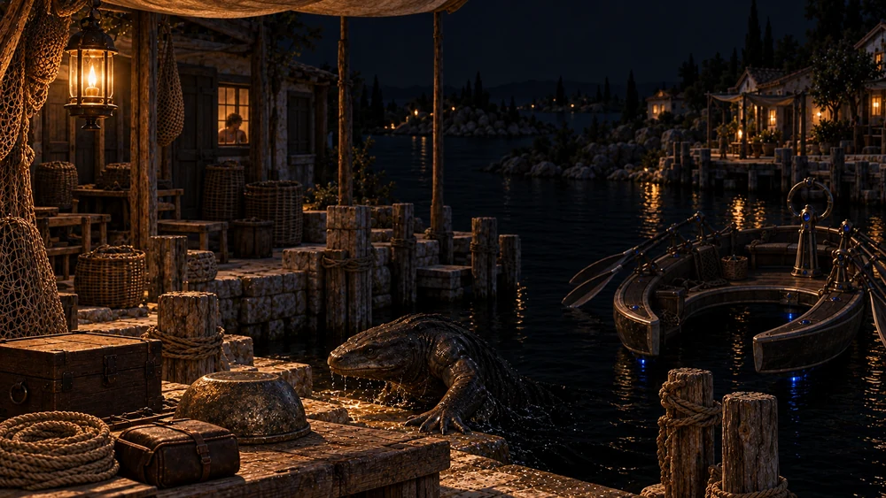 The landing is packed away and Nayren shelters indoors as an amphibious creature emerges beside the empty craft.