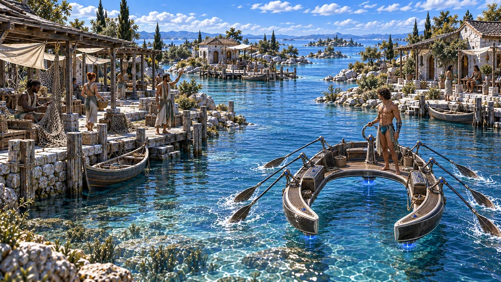 Workshops, homes and fishing landings face the clear channel through Teshar.