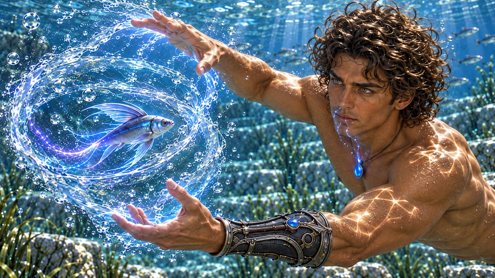 With both hands, Nayren shapes a compact underwater whirl around a luminous fish.