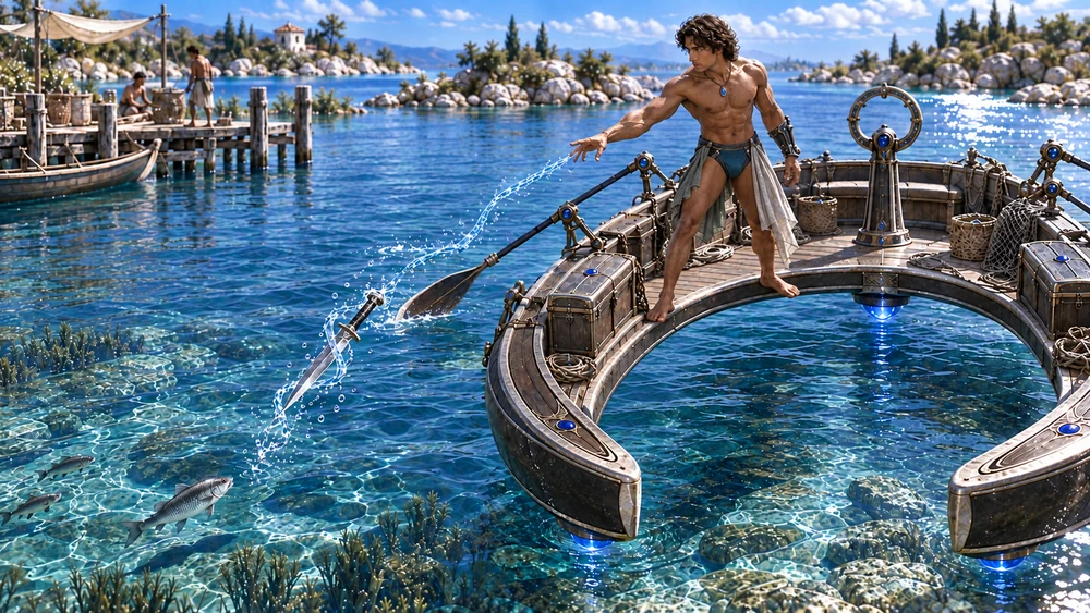 From the Shaal, Nayren sends a fishing dagger toward the water, guiding its cast with a narrow current.