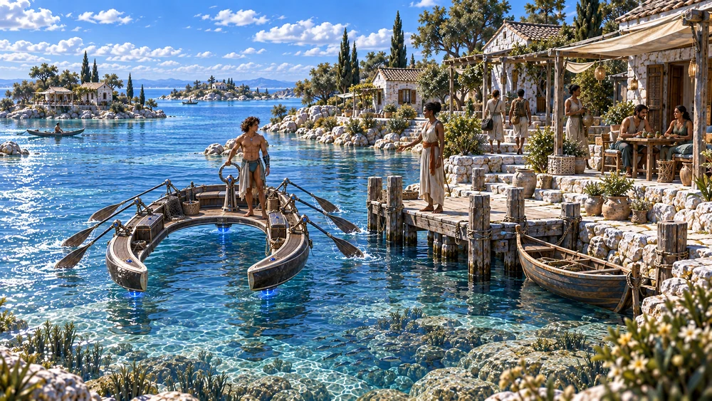 Nayren approaches low waterside lodgings, where a host welcomes travelers beside the shared porch.