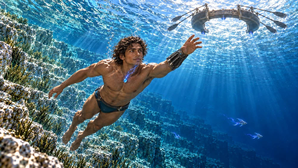 Nayren swims upward through shafts of lapis light toward the waiting Shaal, leaving the mineral ledges and magical wakes below.