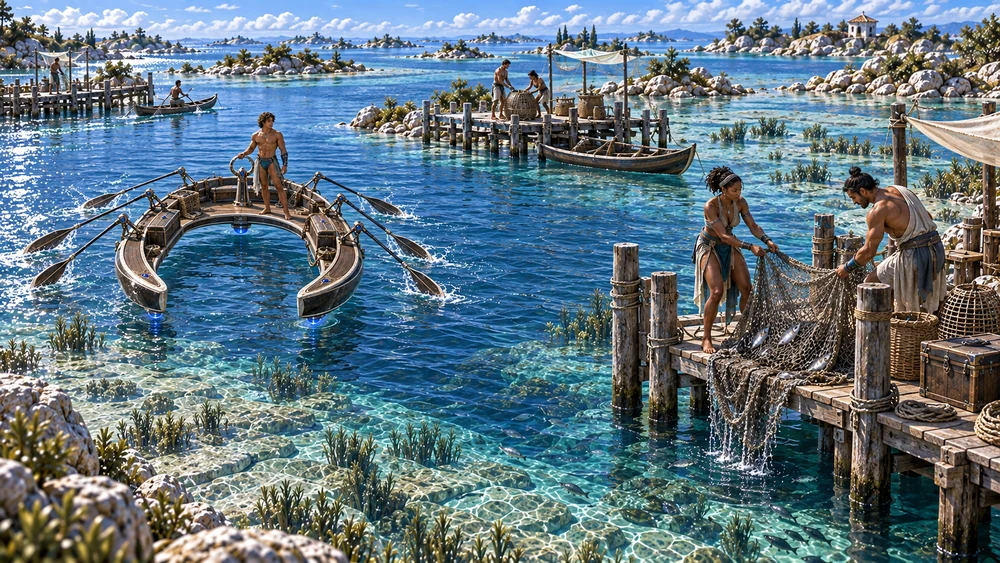 Fishing platforms, nets and small craft share the clear banks of the working shallows.
