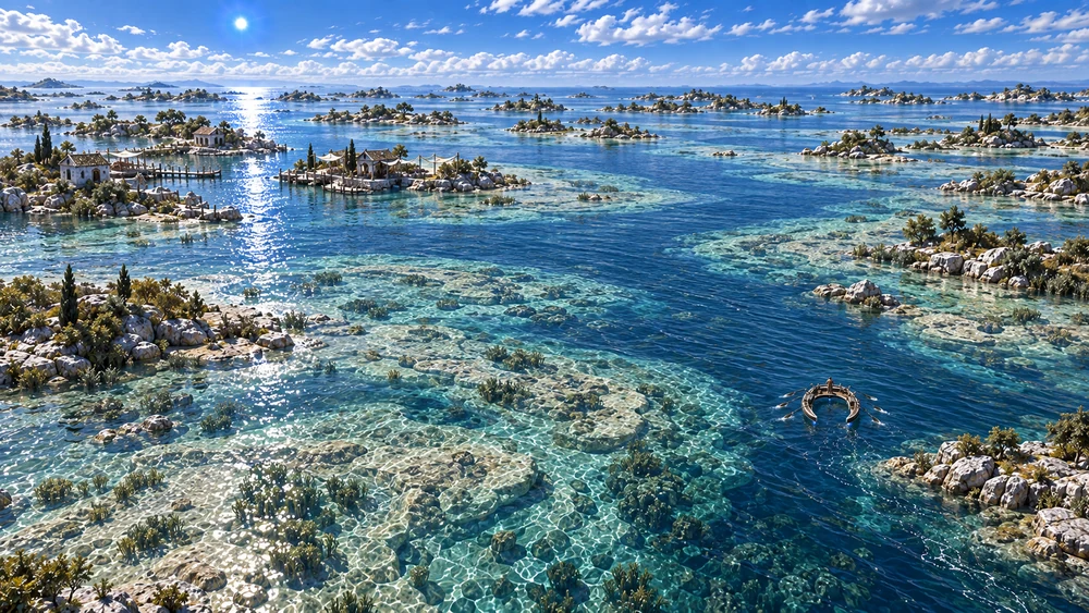 Pale banks and low islands across the clear freshwater of Vaeruun