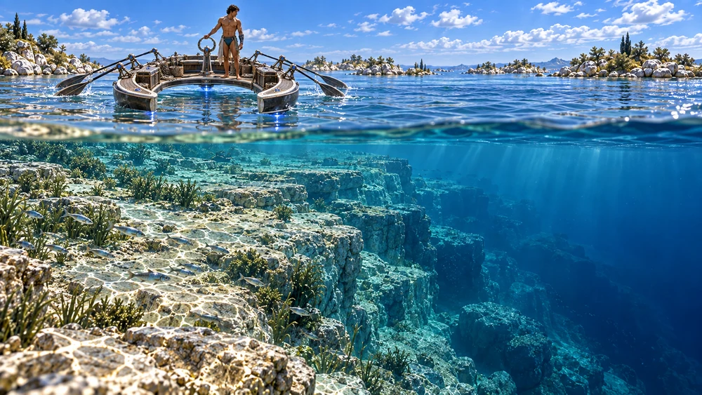 Above and below the surface, the Shaal hovers beside a pale bank whose irregular ledges disappear into deeper blue water.