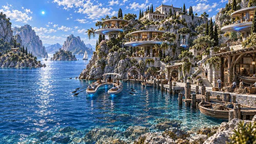 Working landings and inhabited terraces ascend above Aelvaris’s clear cove toward Veyrdhal Hold.
