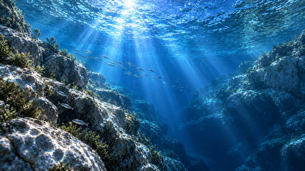 Shafts of lapis sunlight descend between the submerged island slopes and fade into deep blue freshwater.