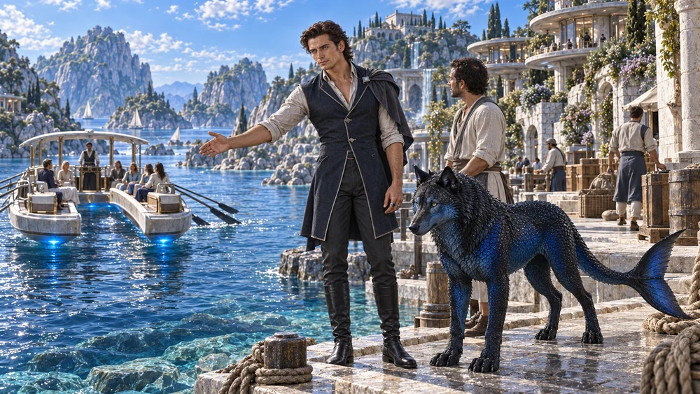Eldryon oversees a vessel’s approach to Aelvaris while Nhaeroth watches the water beside him.