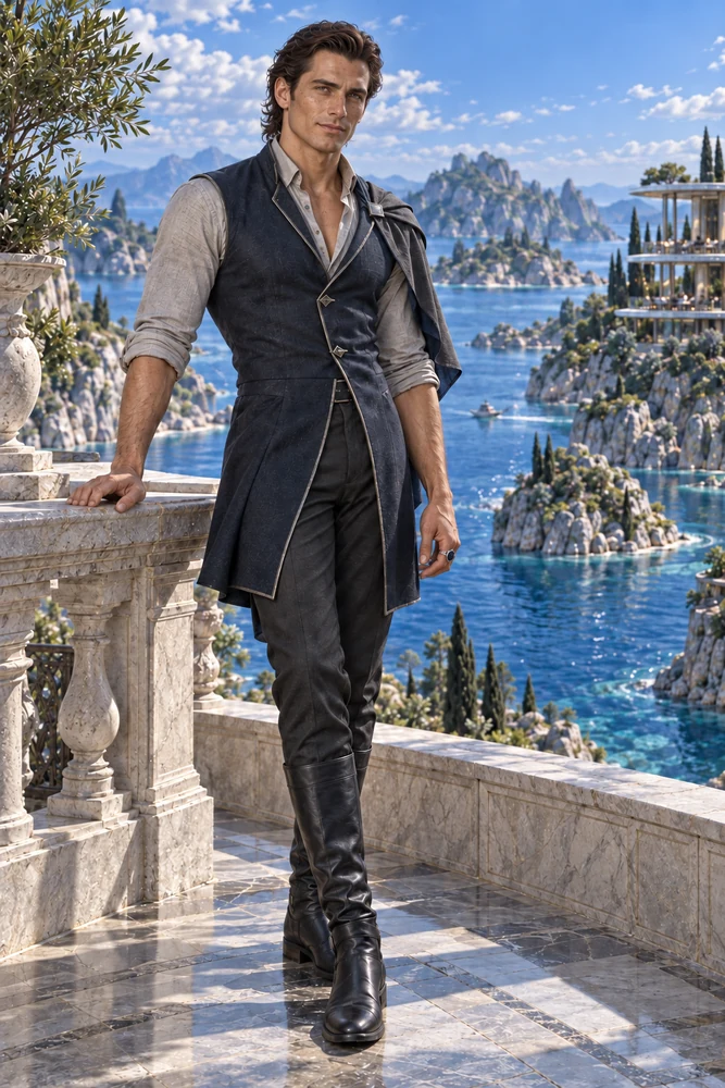 Eldryon stands on a terrace overlooking Lazrien, dressed in pearl, ink blue and pewter.