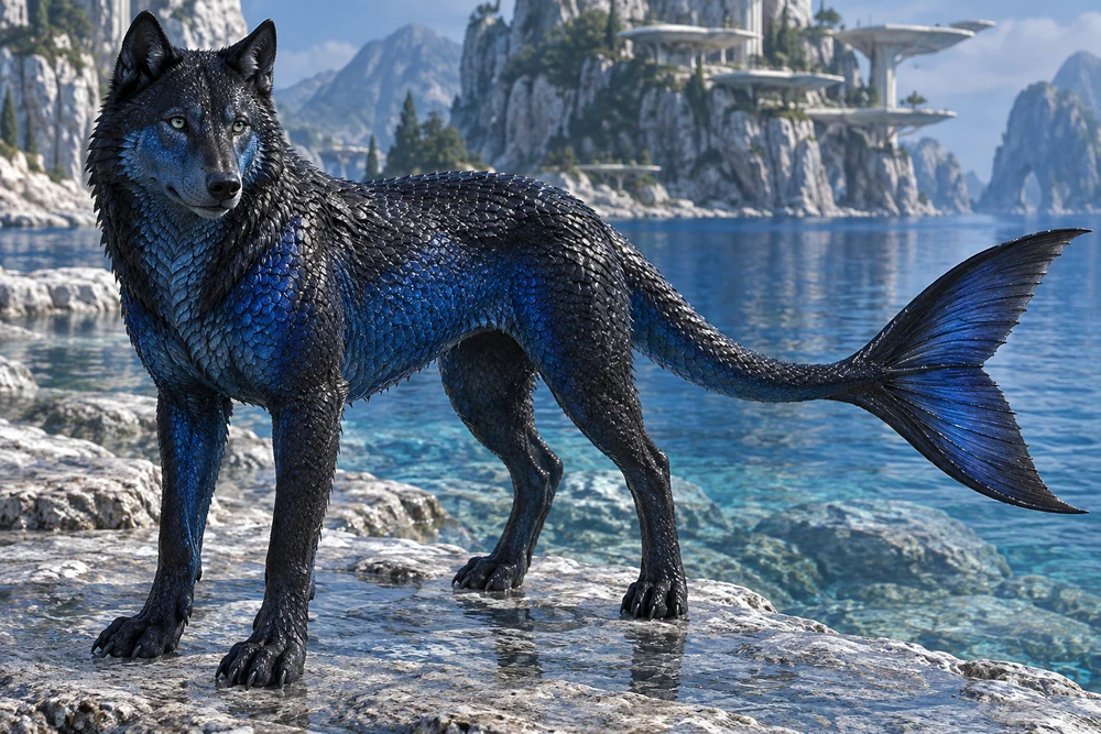 Nhaeroth stands on wet rock, his wolf-shaped body covered in lapis-blue and obsidian scales and his tail ending in a forked fish fin.