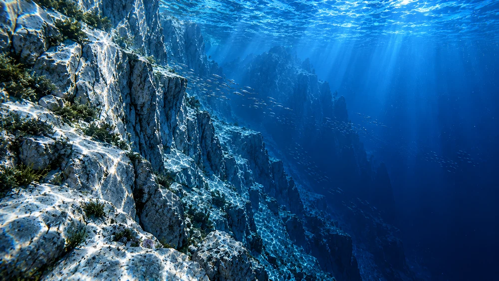 The island slope drops into deep blue freshwater as lapis sunlight reaches the upper ledges and fades below.