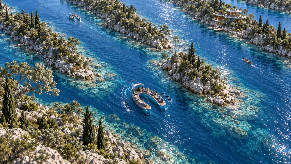 A vessel turns through a cross-passage between island tips, above pale submerged margins.