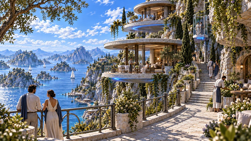 Gardens, guest pavilions and everyday encounters occupy suspended terraces above the harbor.