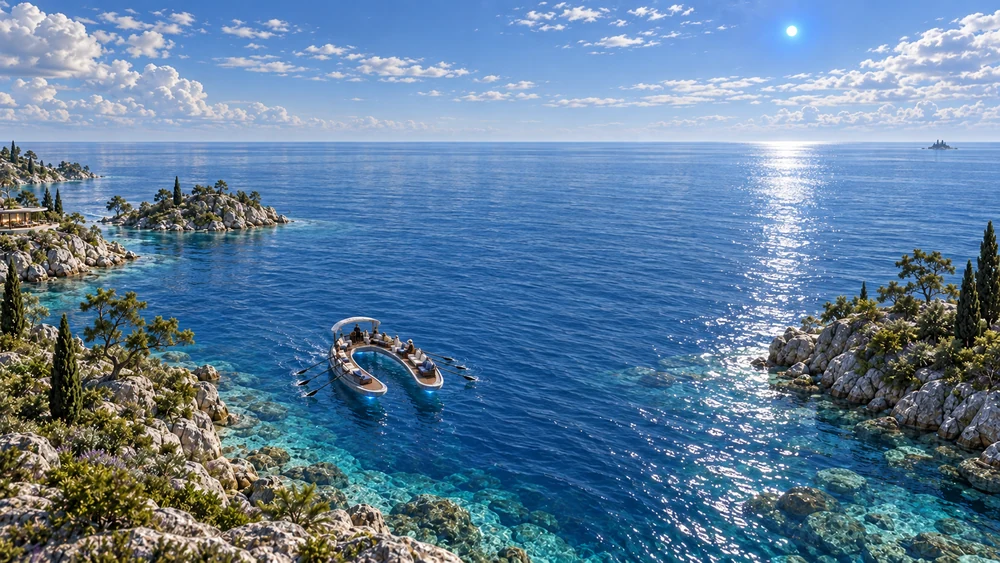 An open vessel travels beside Istraven’s last islands, where the channels widen toward the Open Sea.