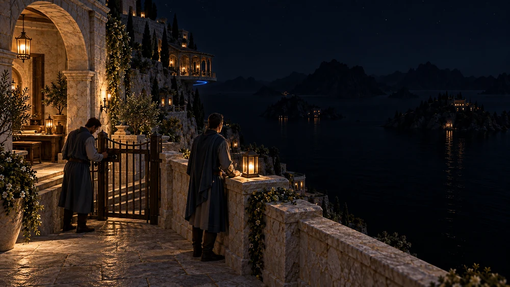 Watchkeepers secure a lower access and observe the dark water from an elevated terrace under a moonless sky.