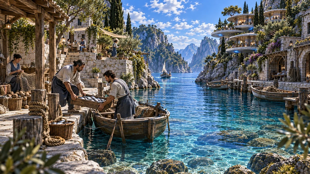 Fishers unload their catch and repair nets beside the clear water of a sheltered Serath cove.
