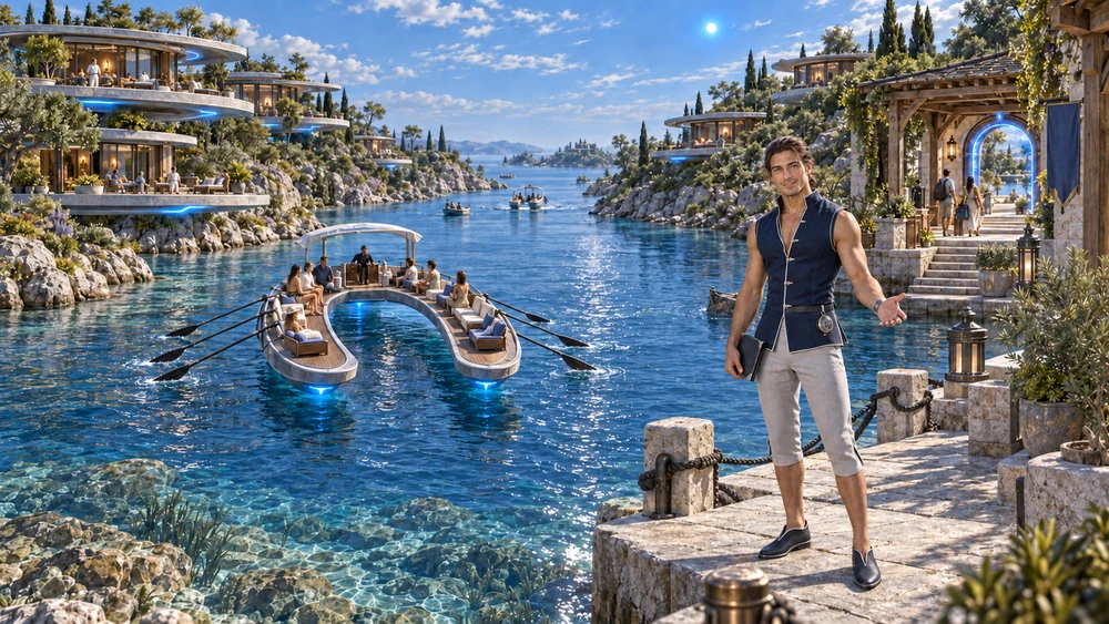 Daerith welcomes travelers at Velisar, beside suspended lodgings and the local pedestrian portal to Kelyth in Vaeruun.