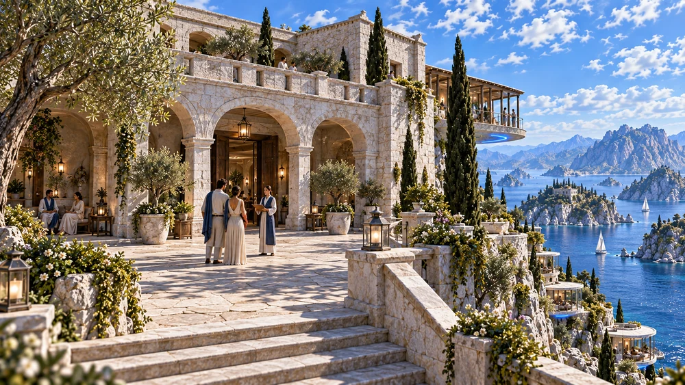 An open reception court and pale-stone galleries form the regent’s seat above Oryndal’s waters.