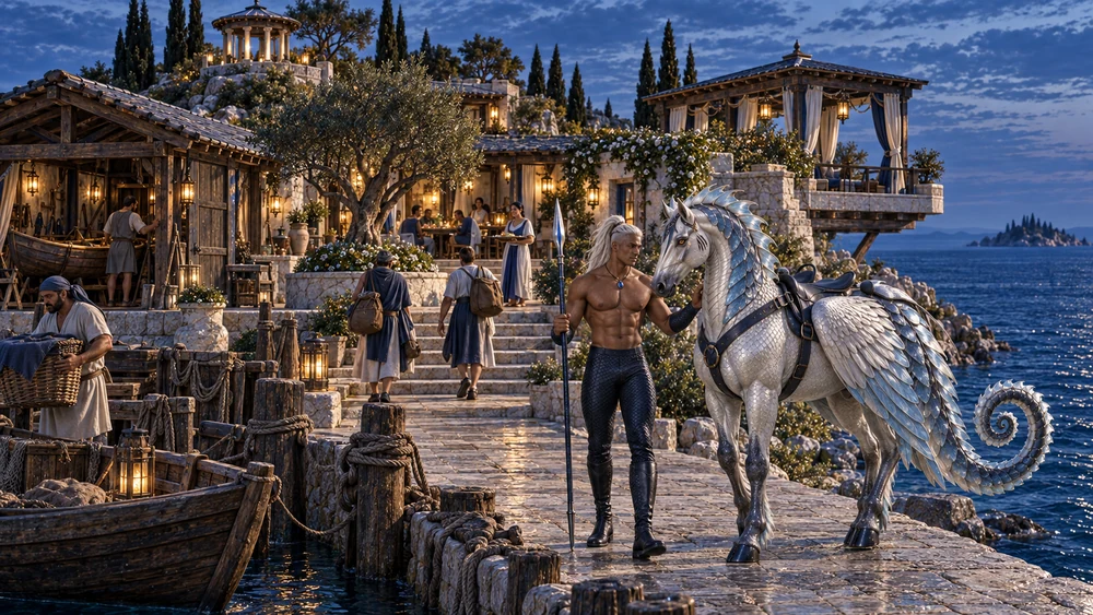 Travellers return to Neryth as the blue light fades. Thareon and Orhaen remain near the landing while warm lamps begin to illuminate the approach.