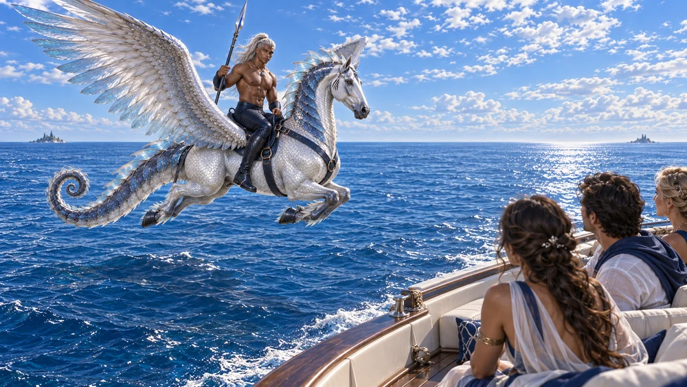 Seen from a passenger boat, Thareon rides Orhaen low over the water, accompanying the crossing between distant shores.