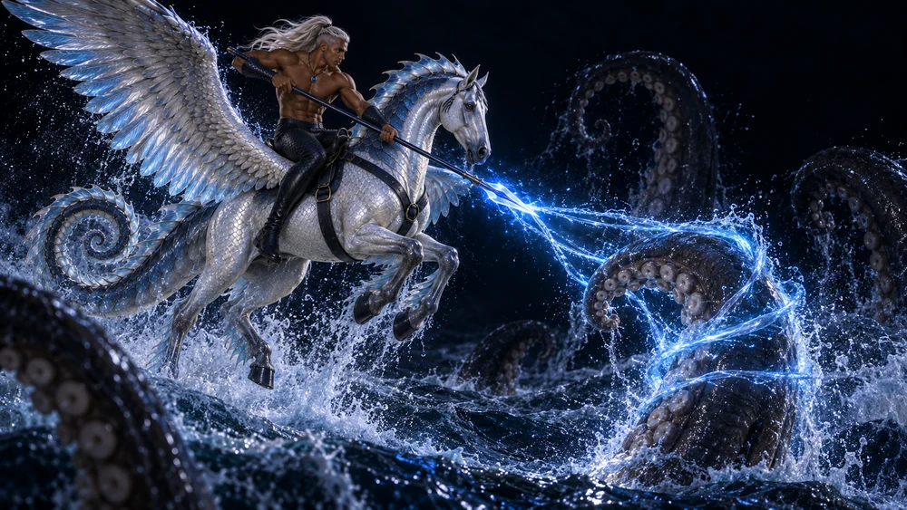 Tentacles rise from the dark open water around Orhaen. Mounted above the spray, Thareon channels magic from his spear to contain the unseen creature’s attack.
