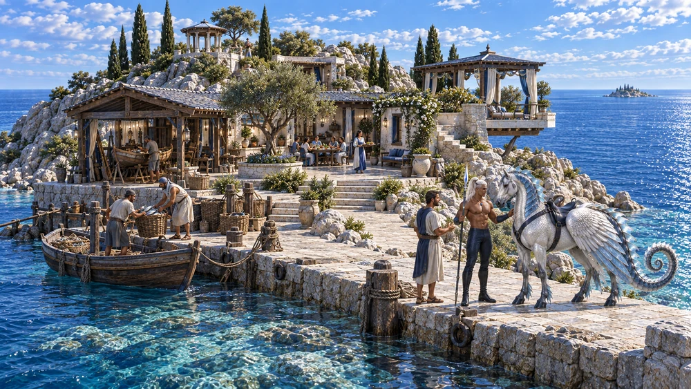 Thareon and Orhaen arrive at Neryth’s landing, beside a boat workshop, a shared courtyard and guest rooms overlooking the open water.