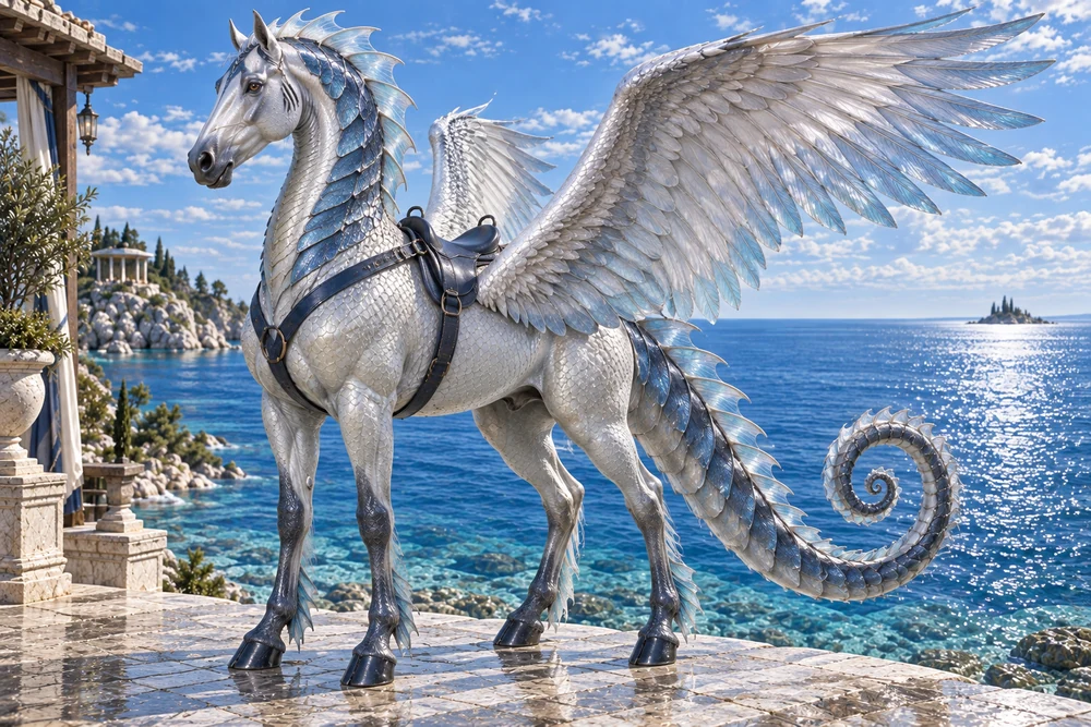 Orhaen spreads his nacreous wings above a pearl-scaled equine body, with blue armor and a long seahorse tail curled at its tip.