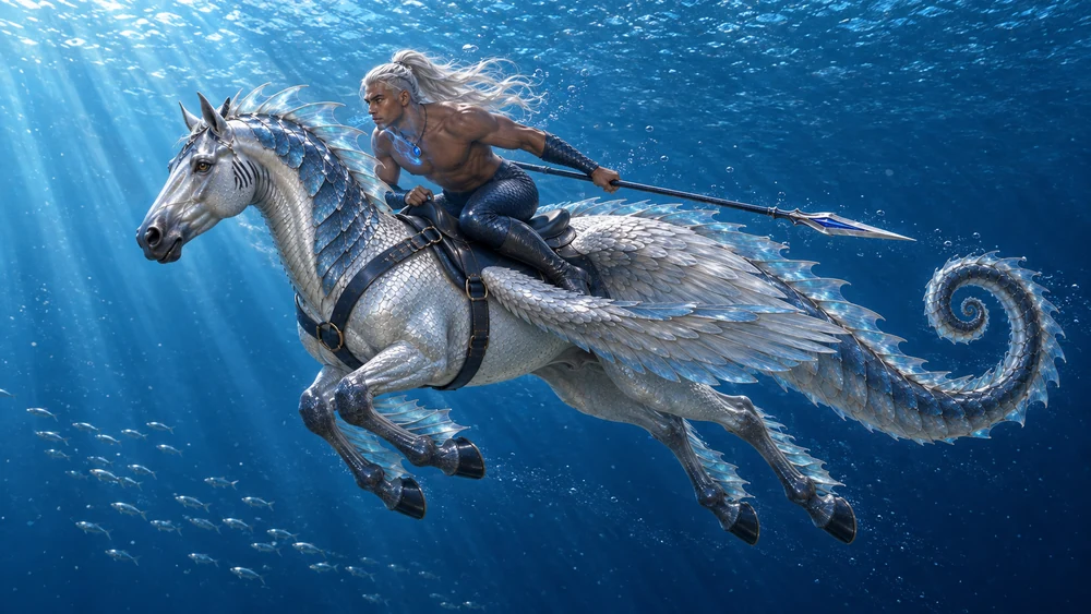 Thareon rides beneath the surface with Orhaen’s wings folded. Fine threads of light connect his Breathstone to his breath as the depths fade into blue.
